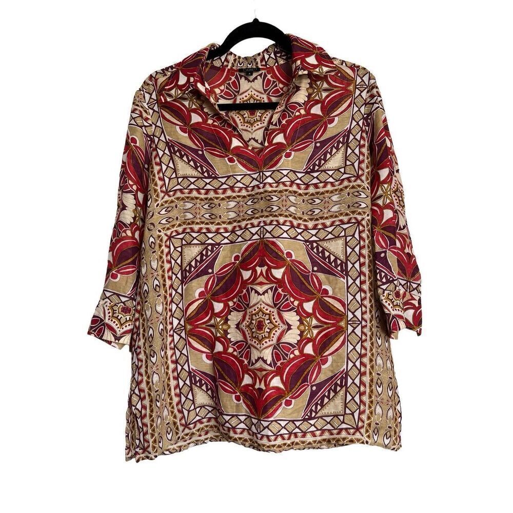 Talbots Tunic Womens Size 8 Multicolor Geometric Print Collared Silk Linen Shirt